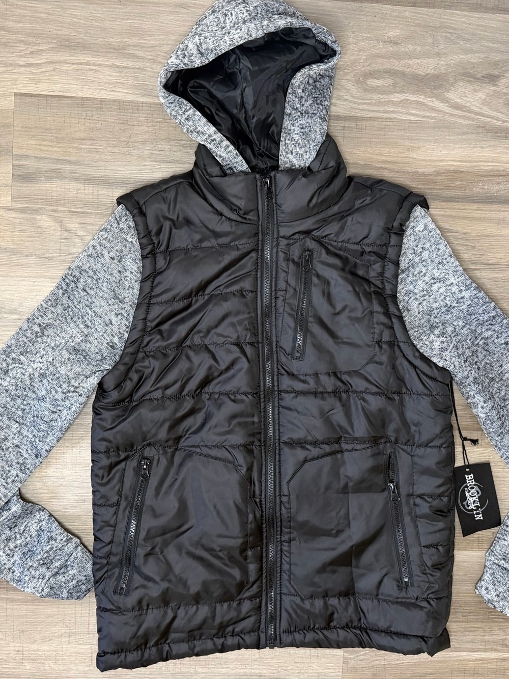Men's Black Hooded Puffer Vest with Gray Knit Sleeves